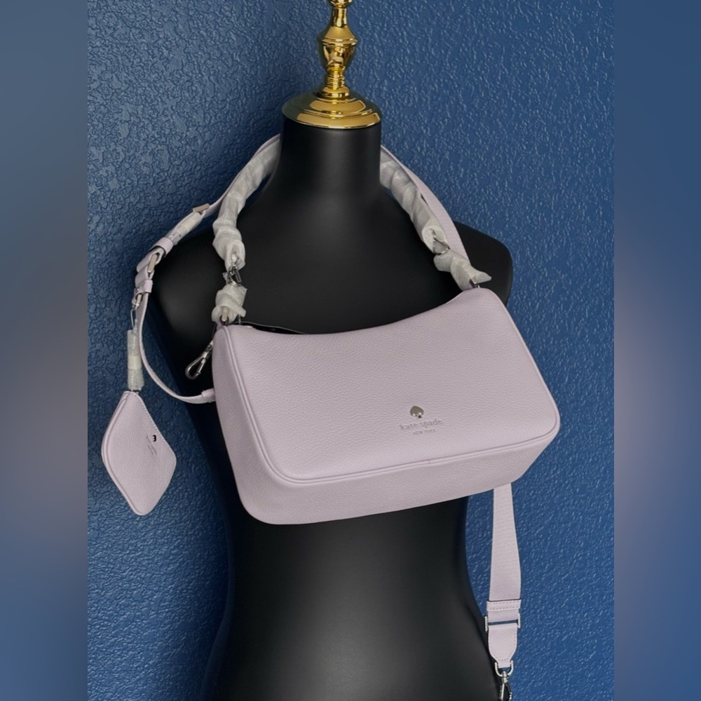 ♠️KATE SPADE Emma Shoulder/crossbody Blue & White Bag w/ pouch frozen lilac - Picture 2 of 16